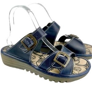 Fly London Women’s Sandal Etan Blue Leather Slip On Slide Low Platform EU38